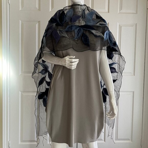 Silk and Felted Wool Scarf - Blues and Black - Picture 9 of 15